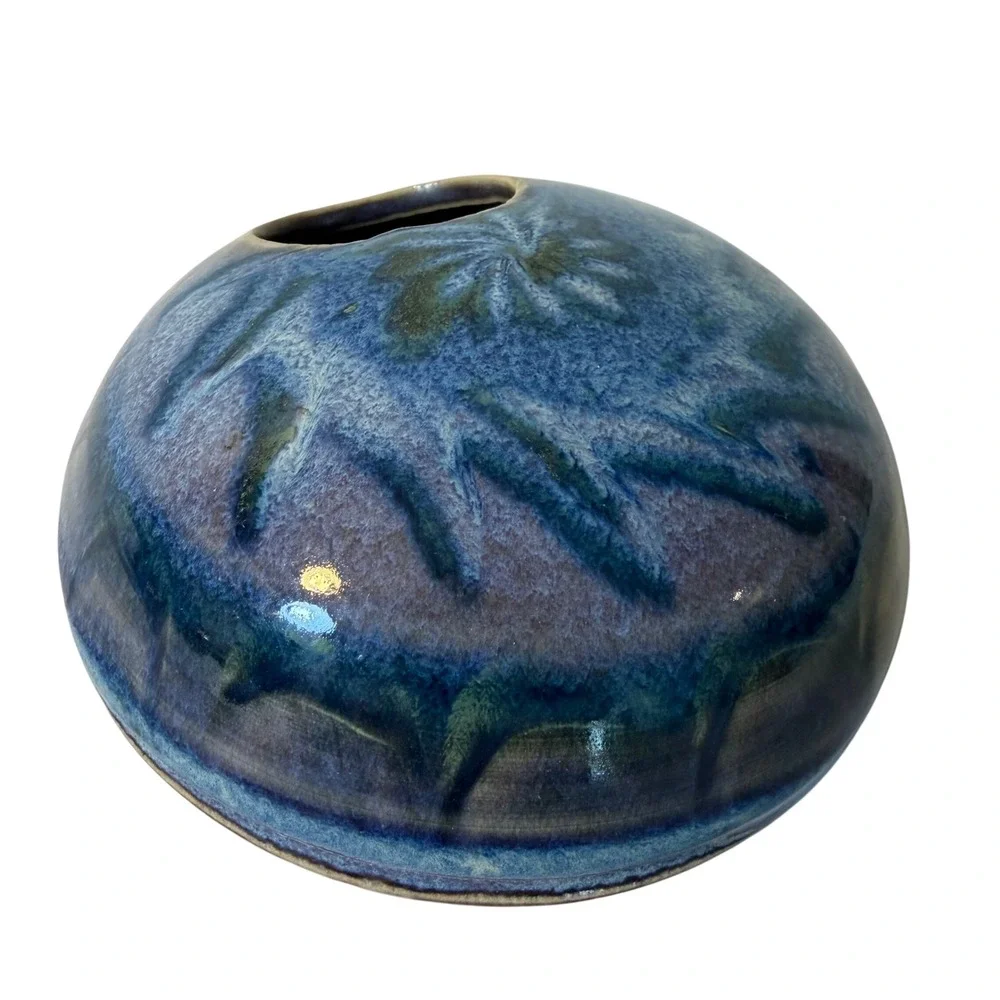 Signed Studio Art Pottery Ikebana Vase Blue Reactive Glaze Flower Frog Round